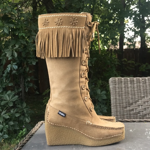 Candie’s Vintage Sz 7.5 Moccasin Wedge Fringe Suede Tall Western Cowboy Boots - Picture 10 of 15
